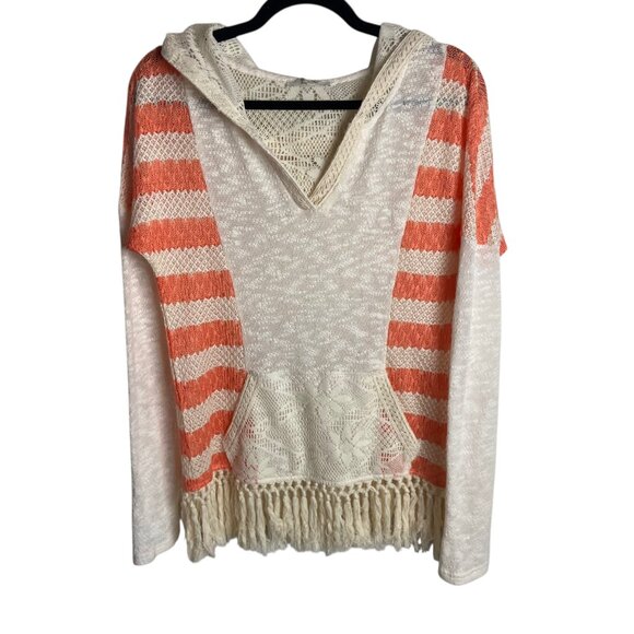 Miss Me Sweaters - Miss Me Size Medium Stripe Knit Hooded Sweater Crochet Fringe Boho Gauze Cream
